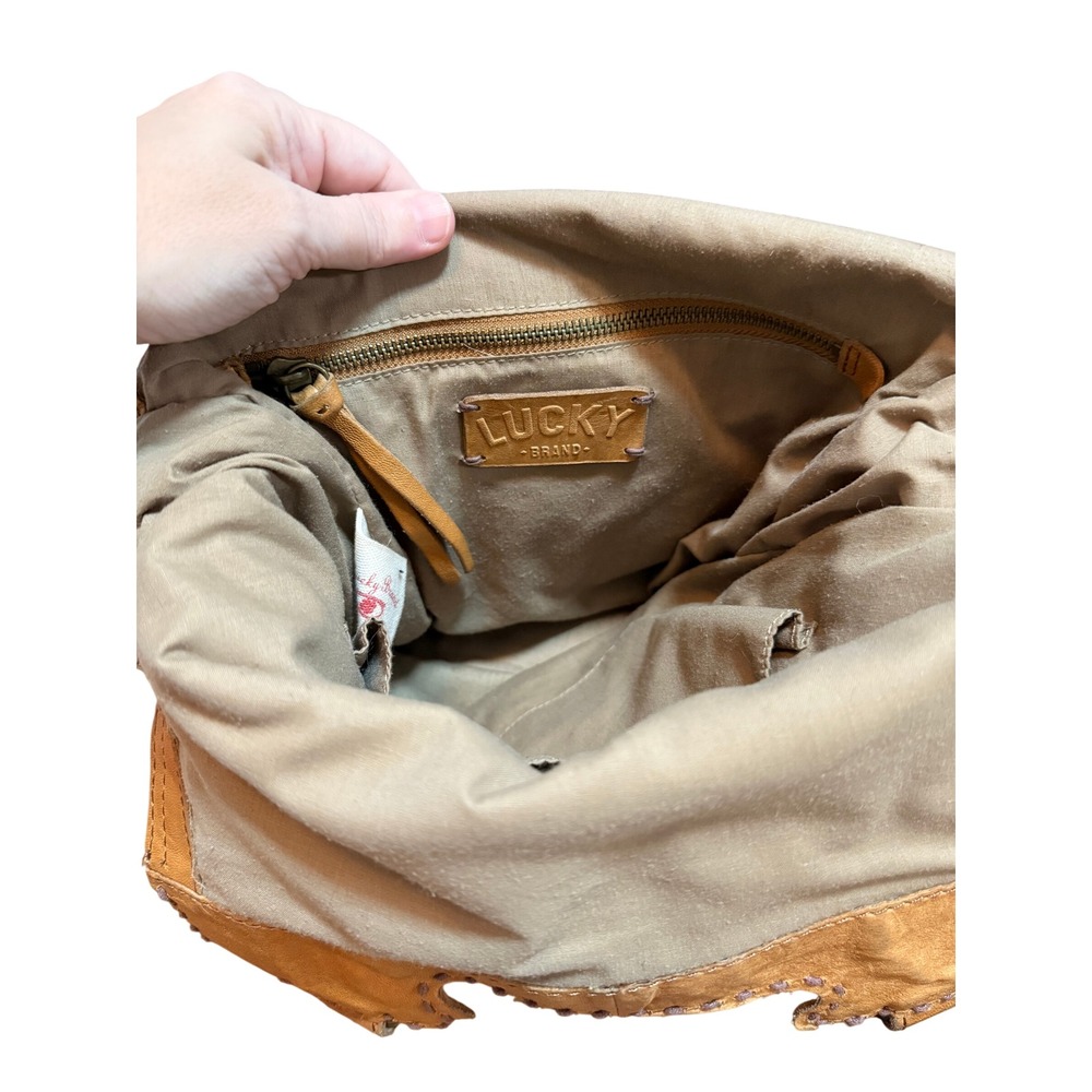 Lucky Brand Abbey Road Lamb Leather Whipstitch Crossbody Messenger Bag Tan Boho - Picture 9 of 16